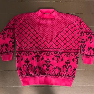 Classic Essentials Hot Pink/Black Patterned Women's Sweater Sz L Vintage‎
